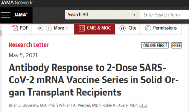 Antibody Response to 2-Dose SARS-CoV-2 mRNA Vaccine Series in Solid Organ Transplant Recipients