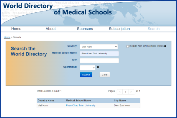 Phan Chau Trinh University is listed in the World Directory of Medical Schools by WHO.