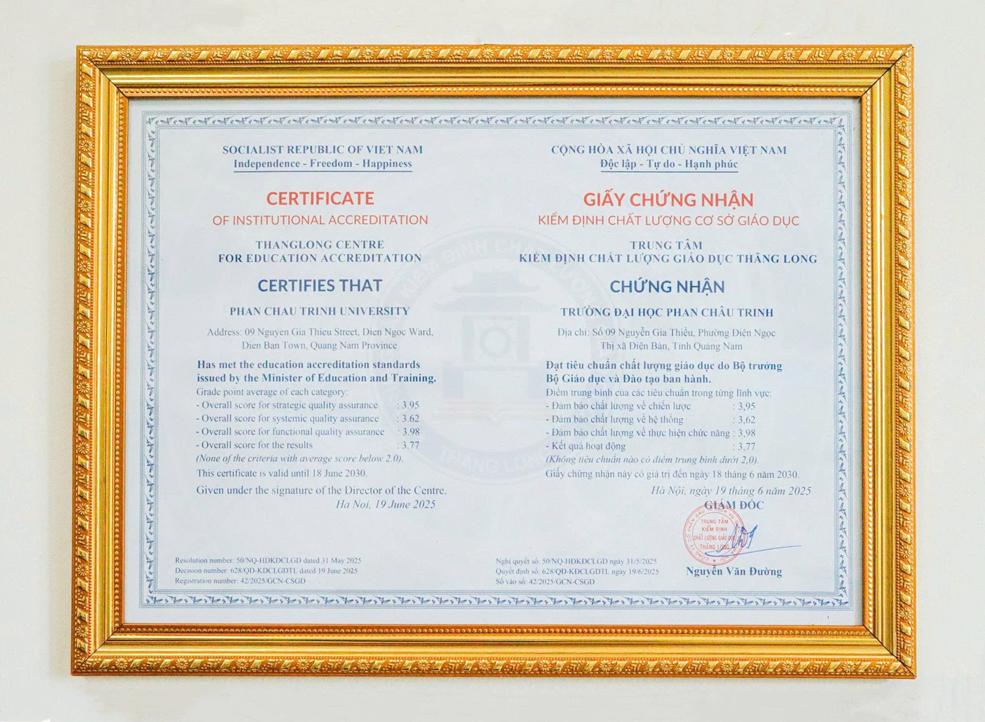 Đại học Phan Châu Trinh đã đạt Chứng nhận Kiểm định chất lượng Cơ sở giáo dục